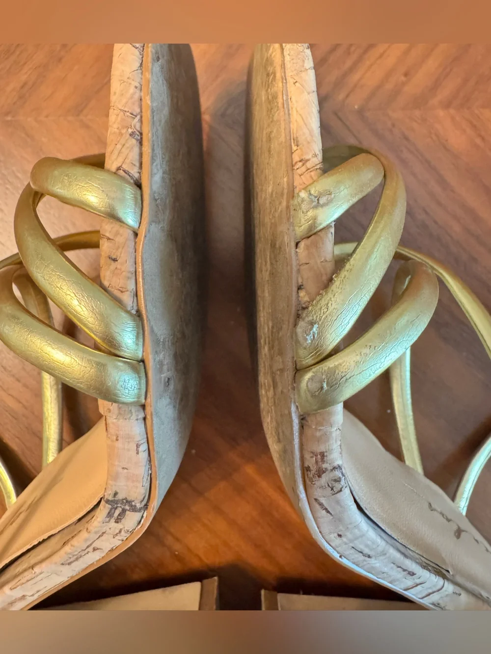 Luiza Barcelos Gold Metallic Strappy Cork Block Heel Sandals US 9